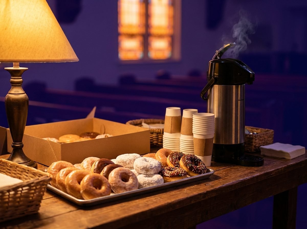 Fresh coffee and donuts ready before Sunday service